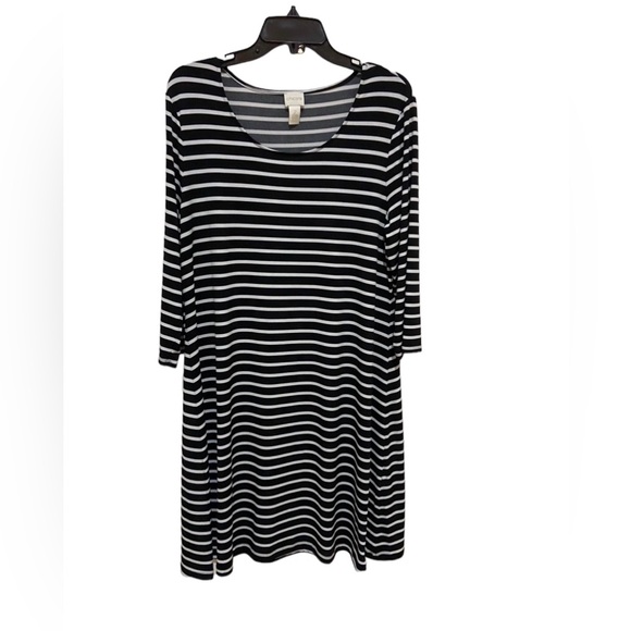 Chicos Size 2 Medium Dress Striped Black White Stretch Fit And Flare Tunic - Picture 1 of 7